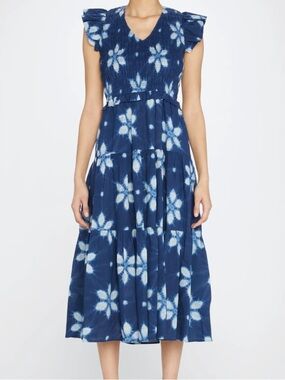 SEA New York Smocked Midi Dress Tie Dye Blue Tiered Cotton Size 2